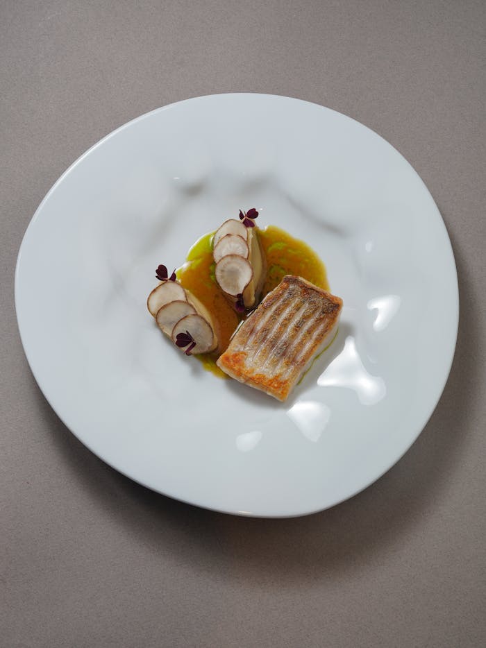 Gourmet dish featuring seared fish and elegantly presented sauce on a white plate.